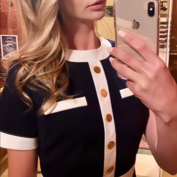 Alexa Admor Gold Button MIDI Navy Dress | Audrey Hepburn | Sz S | Figure Hugging - Picture 7 of 8